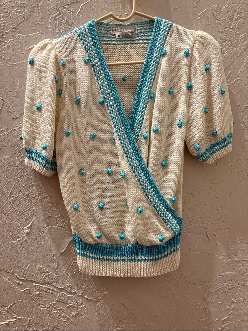 Vintage Nannell blue/white puff-sleeve, wrap style, V-neck sweater